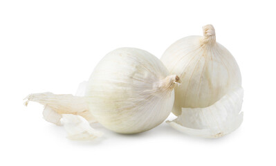 Fresh onions with peels isolated on white