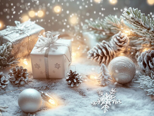 Elegant Winter Gift and Snowy Christmas Decorations