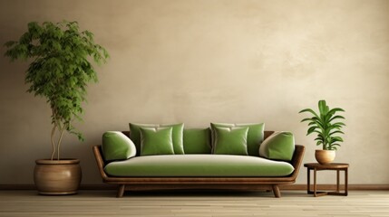 interior design concept sofa with green upholstery coffee table with wooden surface on beige wall background , trees in pots