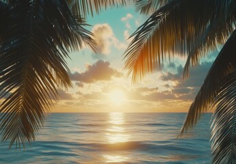 Fototapeta premium Sunset Over Caribbean Sea with Palm Trees