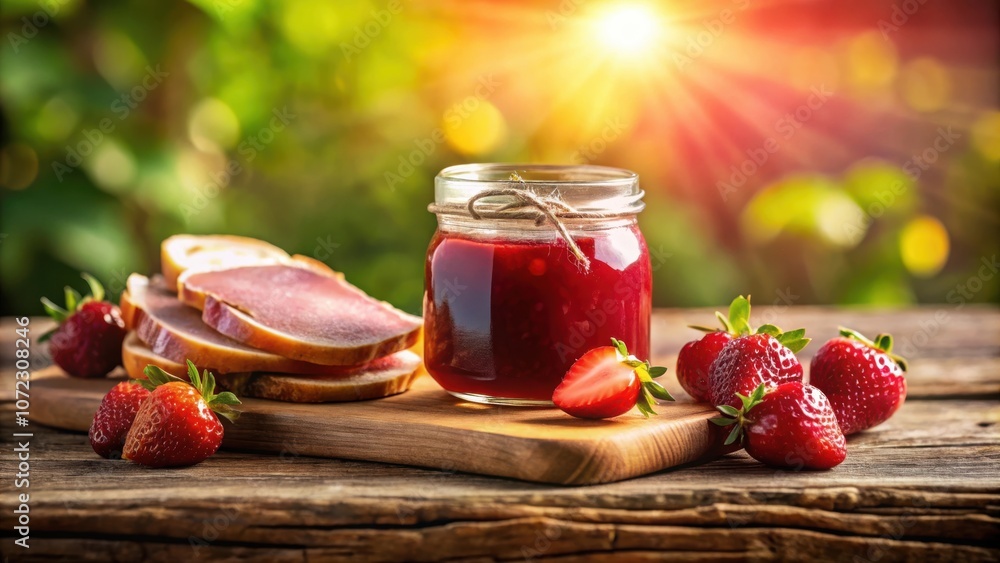 Poster a jar of strawberry jam with fresh fruit and sliced bread on a wooden cutting board in a sunlit sett