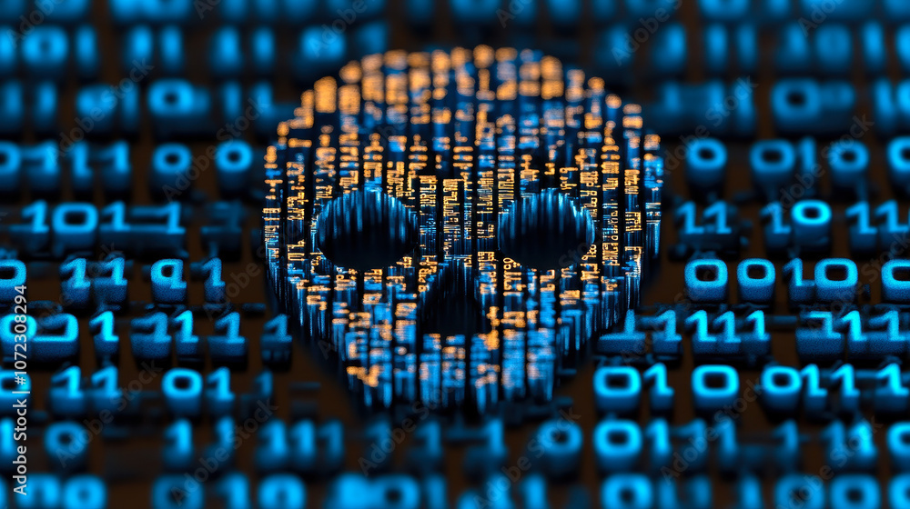 Poster digital data breach concept with skull symbol in binary code highlighting cybercrime risks