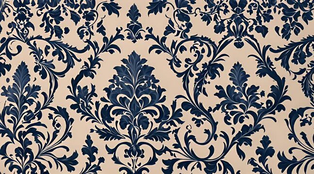 Royal blue luxurious damask pattern with ornate floral designs on ivory background