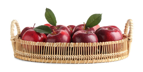 Fresh ripe red apples in wicker tray isolated on white