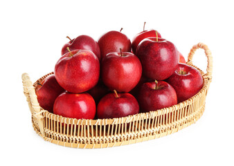 Fresh ripe red apples in wicker tray isolated on white