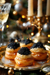 profiteroles with black caviar on the New Year's table 