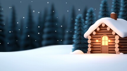 Naklejka premium Cozy winter cabin illuminated by warm light amidst snowy landscape with evergreen trees and falling snowflakes, capturing a serene holiday atmosphere