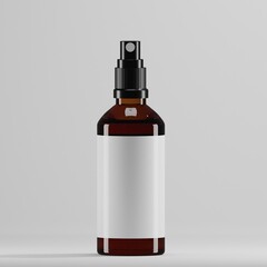 A dark amber glass spray bottle with a black sprayer and a blank white label. The bottle is standing upright on a white background. This is a mockup of a product packaging design for skincare.