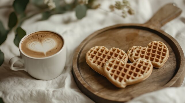 Valentine's breakfast in bed with heart-shaped waffles and coffee art