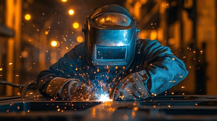Welder working with welding machine
