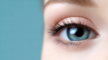 Close up of woman eye with long eyelashes and blue iris, showcasing beauty