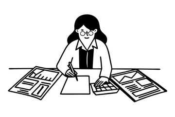 Woman accountant. Statement analysis, budget planning, bookkeeping operation, financial audit. Line art vector illustration