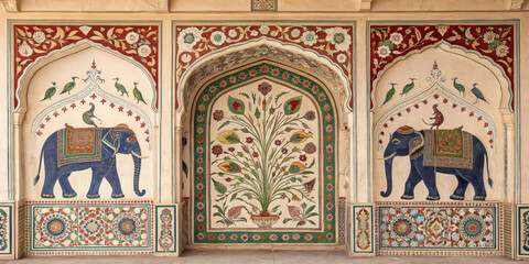 Symmetrical wall backdrop with elephant motifs and floral designs