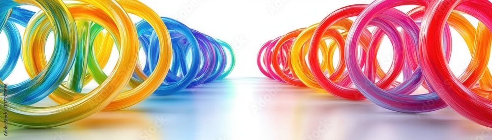Poster colorful abstract rings on a bright background, creating a playful and dynamic visual effect.