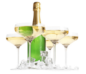 Bottle and glasses of champagne with ice cubes isolated on white