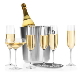 Champagne and bucket with ice isolated on white