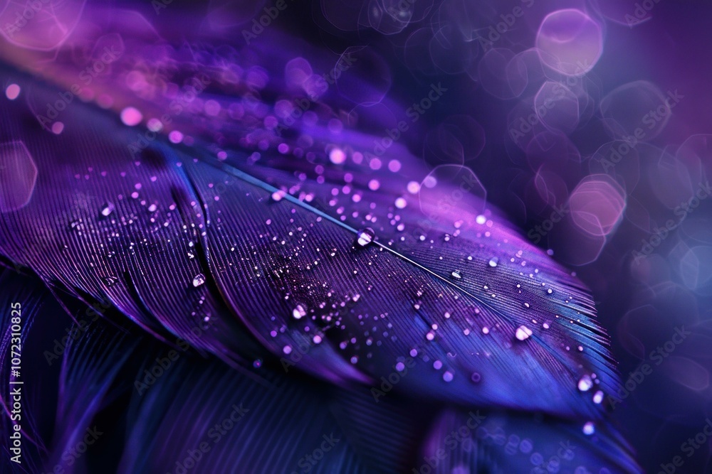 Poster close up of beautiful purple feather with water droplets, creating a mesmerizing visual effect with 