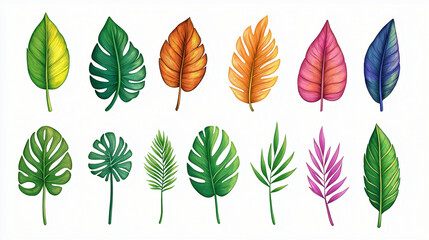 illustration set of tropical leaves, vibrant colorful. Vibrant Collection of Holographic Monstera and Palm Leaves Creating a Modern Botanical Rainbow on Black Background, Isolated Background