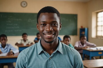 Close portrait of a smiling young Liberian male elegant primary school teacher standing and looking at the camera, indoors almost empty classroom blurred background