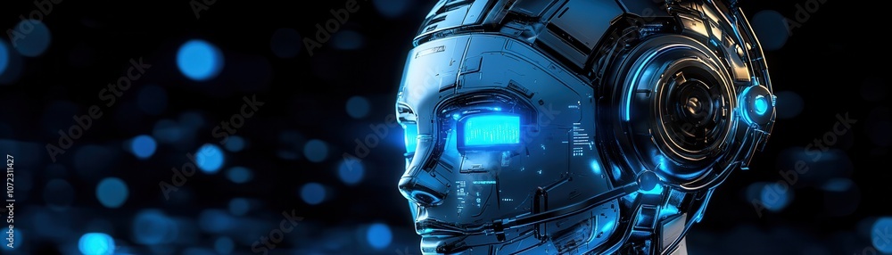 Poster futuristic robotic head with blue highlights, representing artificial intelligence and advanced tech