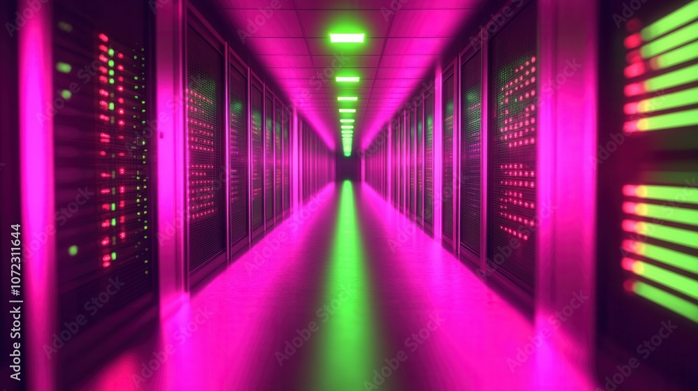 Poster futuristic server room illuminated by neon lights, showcasing advanced technology and data processin