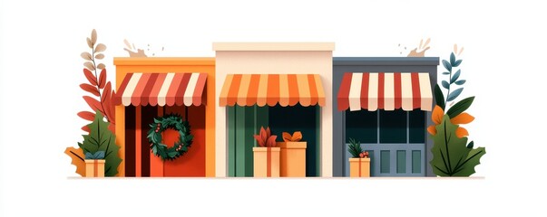 Colorful and Charming Shopfronts with Festive Decorations and Lush Greenery Perfect for Celebrating Holidays, Shopping Spree, and Community Events in a Vibrant Neighborhood
