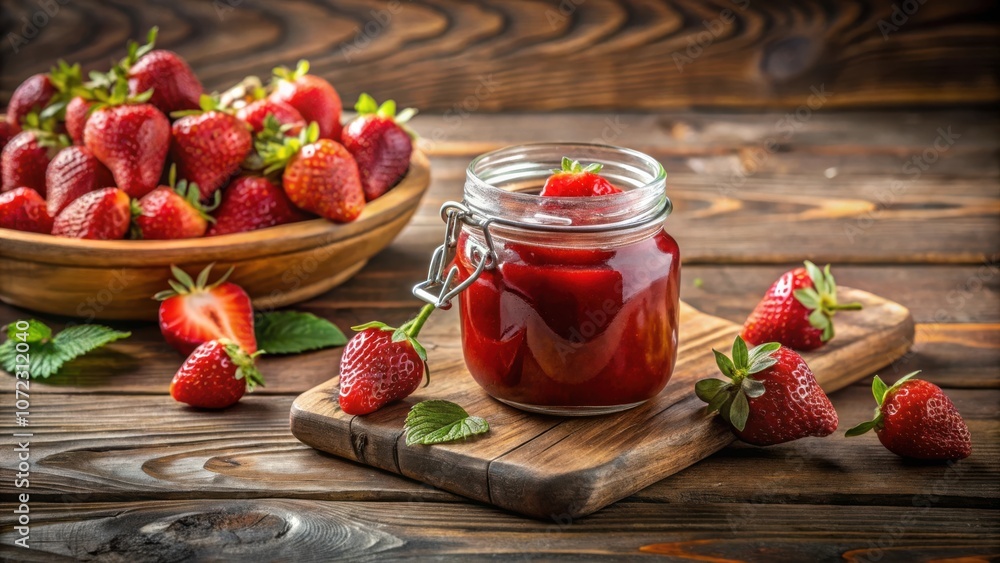 Poster a jar of homemade strawberry jam with fresh strawberries scattered around it on a rustic wooden tabl