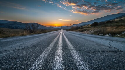Open Highway Road Leading into a Beautiful Sunset with Mountains in the Background