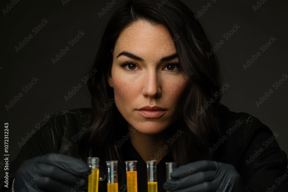 Poster scientist examining test tubes in laboratory setting