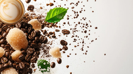 A colorful arrangement of coffee beans, sugar cubes, and leaves, creating an inviting atmosphere around a latte cup.