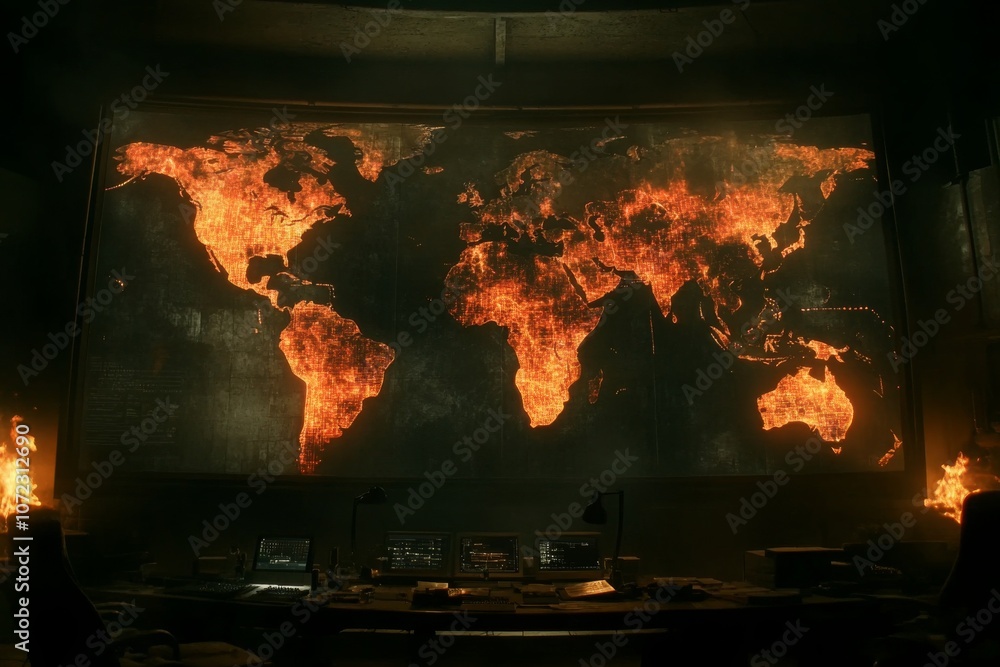 Poster glowing global network map visualization with digital effects