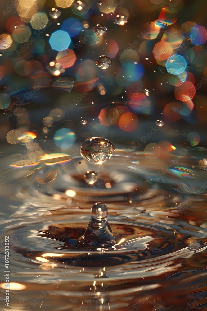 Poster water droplets creating perfect concentric ripples against a mesmerizing bokeh background of blue an