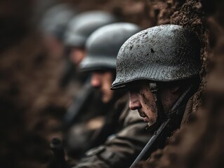 Fototapeta premium Soviet soldiers hiding in trenches, awaiting the next assault, cold and desolate battlefield