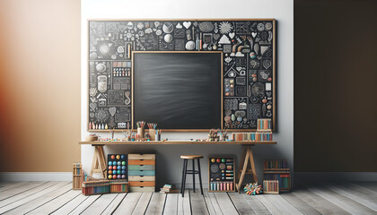 Colorful Chalk Drawings on Blackboard with Copy Space