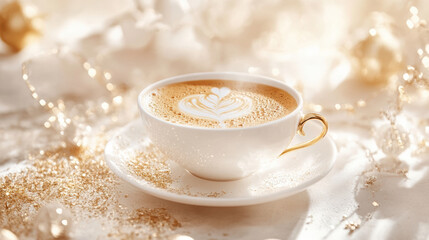 Fototapeta premium Luxurious golden latte in elegant cup with heart design, perfect for cozy moments