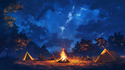 Friends gathered around a warm campfire under a star filled sky