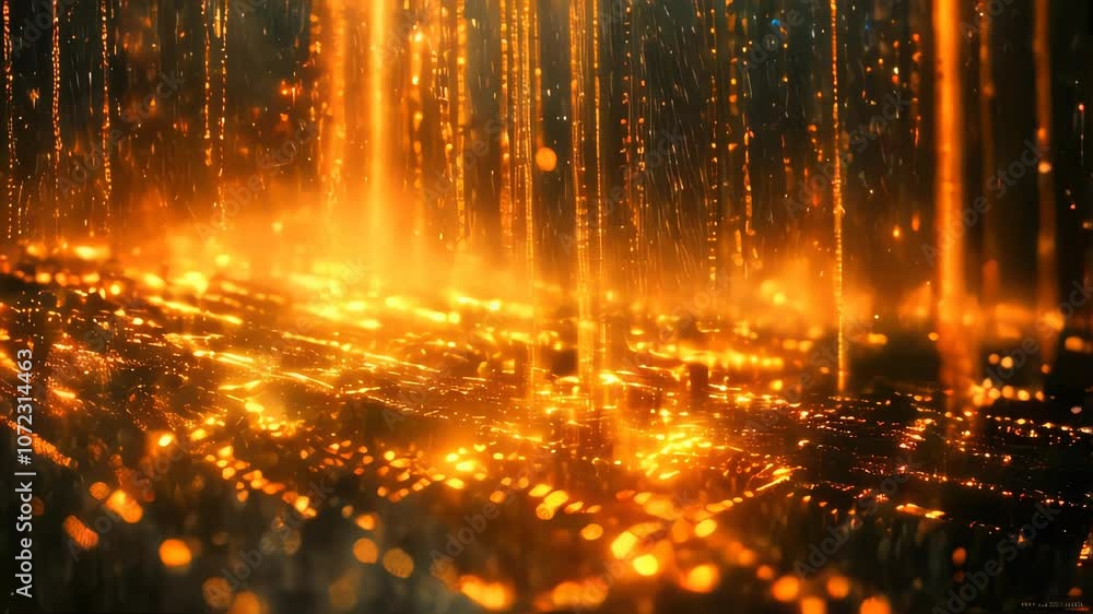 Poster vibrant, golden streams of binary data flow vertically, evoking an advanced digital network concept 
