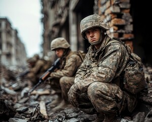 Fototapeta premium A group of American soldiers kneeling, taking cover behind debris, urban warfare during WWII