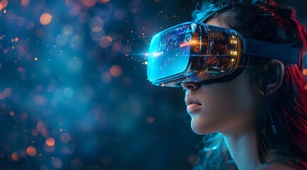 Captivating woman wearing virtual reality headset with colorful bokeh effects, perfect for technology, gaming and immersive digital experience advertising.