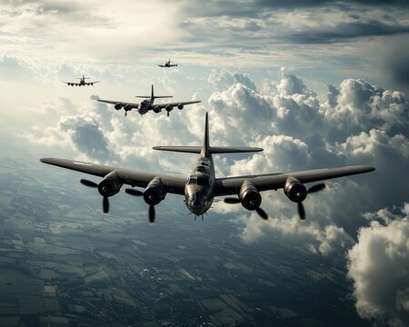 American B17 bombers flying over European skies, dropping bombs on enemy targets during WWII
