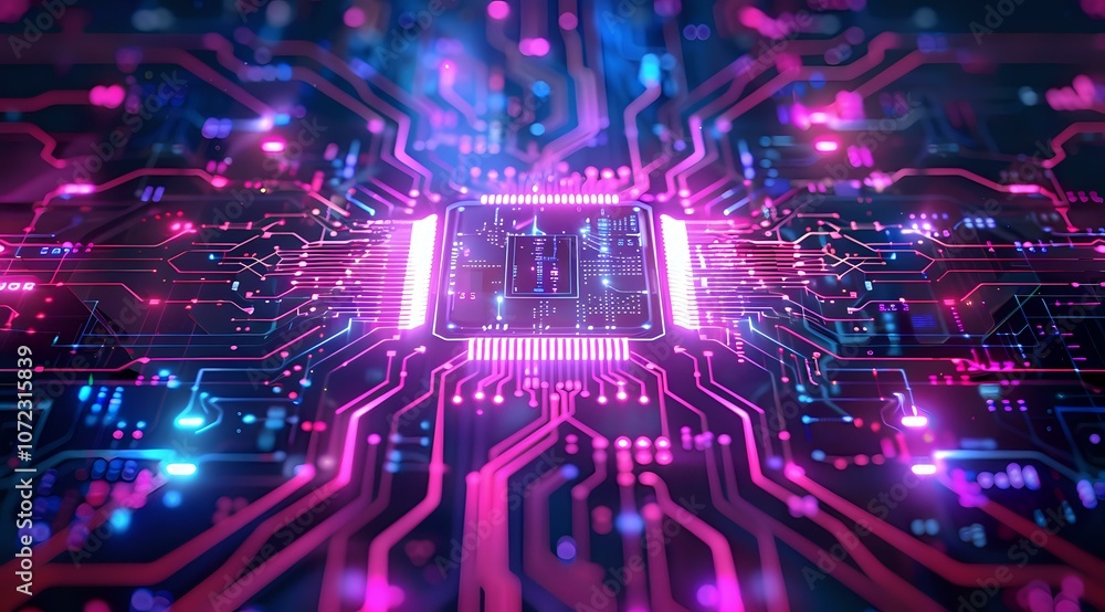 Aufkleber futuristic circuit board with glowing purple and blue neon elements creating depth perspective, perf