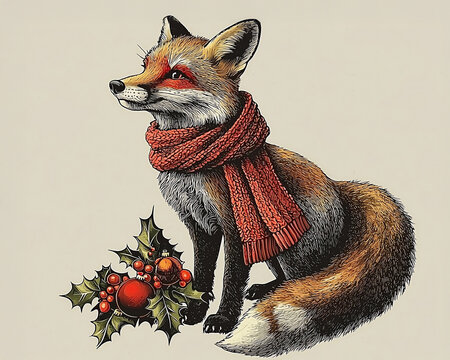 Funny wild fox in a knitted scarf on a gray simple background