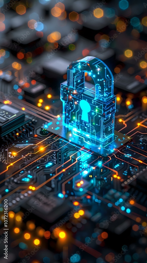 Poster glowing blue digital padlock hologram on computer circuit board with bokeh lights, cybersecurity and