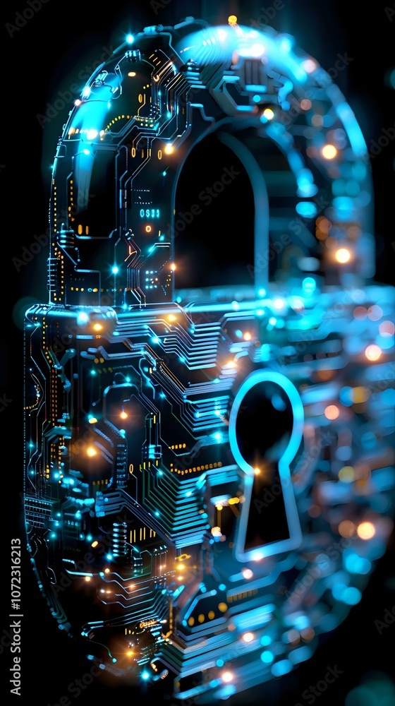 Poster futuristic digital art featuring a complex locking mechanism made of glowing blue lights and intrica