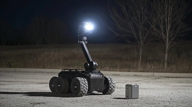 Bomb disposal robot approaching suspicious package at night