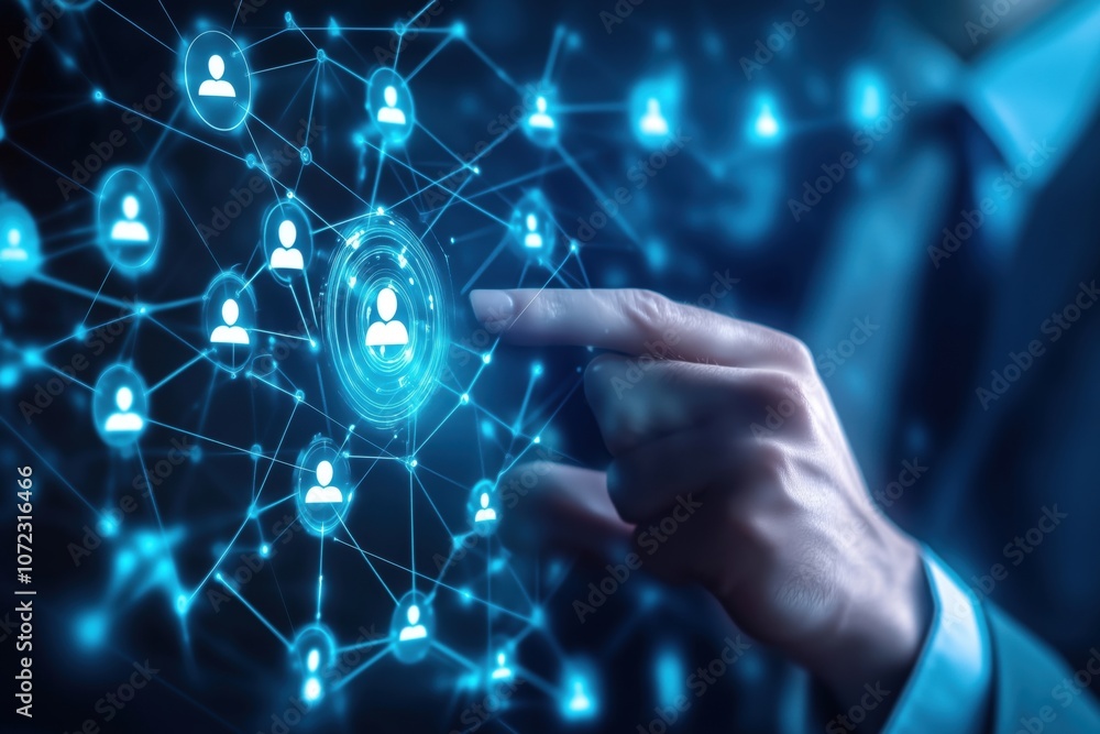 Poster digital network connection, hand pointing at user icon, technology concept