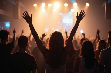 People crowd at concert or show in front of stage with spotlights, holding hands up, excited and...