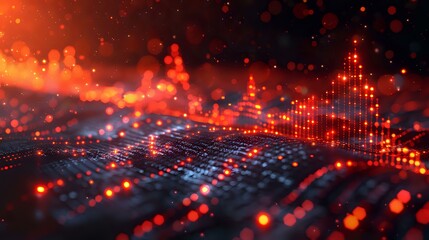 Fototapeta premium Digital wave with glowing orange and blue visualization creates dynamic data landscape perfect for financial technology, music and digital transformation concepts.