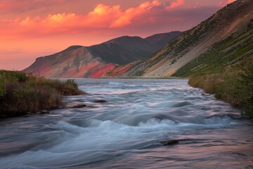 Naklejka premium A photo of a stormy stream in a mountain gorge at sunset
