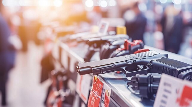 Modern handgun resting on metal counter in gun shop displaying firearms